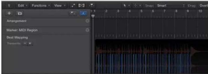 Edit Functions View Snap Smart Drag Overl Arrangement Marker: MIDI Region Beat Mapping Components