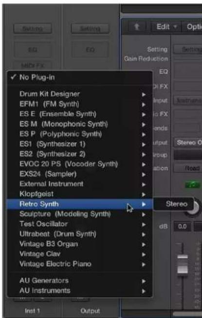 No Plug-in, Drum Kit Designer, EFM1 (FM Synth), ES E (Ensemble Synth), ES M (Monophonic Synth), ES P (Polyphonic Synth), ES1 (Synthesizer 1), ES2 (Synthesizer 2), EVOG 20 PS (Vocoder Synth), EXS24 (Sampler), External Instrument, Klopfgeist, Retro Synth, Sculpture (Modeling Synth), Test Oscillator, U…