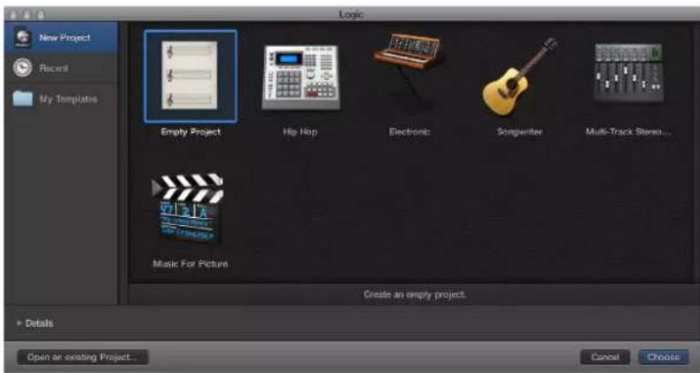 New Project Recent My Templates Logic Empty Project Hip Hop Electronic Songwriter Multi-Track Stereo... Music For Picture Create an empty project. Details Open an existing Project... Cancel Choose