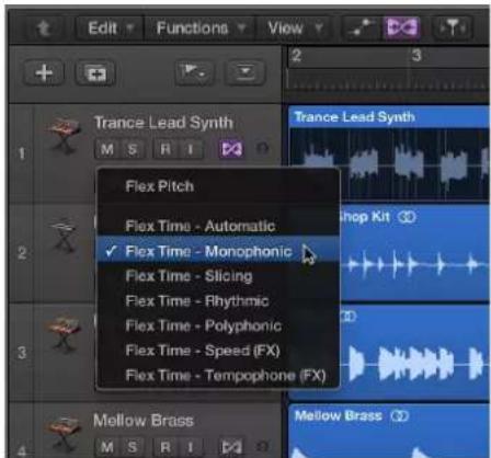 Edit Functions View Trance Lead Synth M S R I Flex Pitch Flex Time - Automatic ✓ Flex Time - Monophonic Flex Time - Slicing Flex Time - Rhythmic Flex Time - Polyphonic Flex Time - Speed (FX) Flex Time - Tempophone (FX) Mellow Brass M S R I Mellow Brass (1)