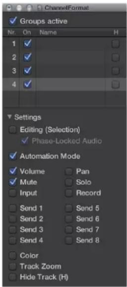 ChannelsFormat Groups active Nr. On Name H 1 ✓ 2 ✓ 3 ✓ 4 ✓ Settings Editing (Selection) Phase-Locked Audio Automation Mode ✓ Volume Pan ✓ Mute Solo Input Record Send 1 Send 5 Send 2 Send 6 Send 3 Send 7 Send 4 Send 8 Color Track Zoom Hide Track (H)