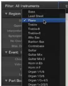 Filter: All Instruments Region: Bass Lead Sheet S Quan Interpretan Syncegoat No Orai Max. D Event: Chan Veloc T L Part Bo: Piano Treble Treble+8 Treble+B Alto Sax Bariton Sax Contrabass Guitar Guitar Mix Guitar Mix 2 Hom in Eb Hom in F Organ 1/1/5 Organ 1/3/5 Organ 1/3+4/5 Organ 1+2/3/5