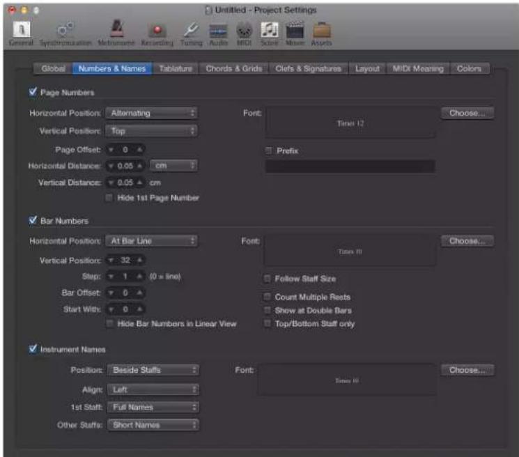 Untitled - Project Settings General Synchronization Metronome Recording Tuning Audio MIDI Score Mode Assets Global Numbers & Names Tablature Chords & Grids Clefs & Signatures Layout MIDI Meaning Colors Page Numbers Horizontal Position: Alternating Font: Times 12 Choose... Vertical Position: Top Page…