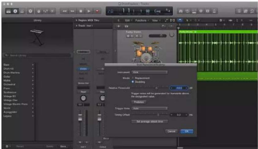 Drum/Replace - Tracks Library Track Inst 1 Edit Functions View Fuzzy Drums Gauss Reversing Gauss Reversing/Clustering Instrument Stock Mode Replacement Deciding Relative Threshold 40.0 40 Trigger notes will be generated for horizons above the designated value. Prediction Trigger Note: State Timing O…