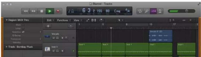 Blurred - Tracks 6 3 2 155 80 Cmaj 4/4 Region: MIDI Thru Edit Functions View Vocals Inst 1 Inst 1 Inst 1 Inst 1 Track: Bombay Fluck Tracking 3 Inst 1 Inst 1 Inst 1 Inst 1