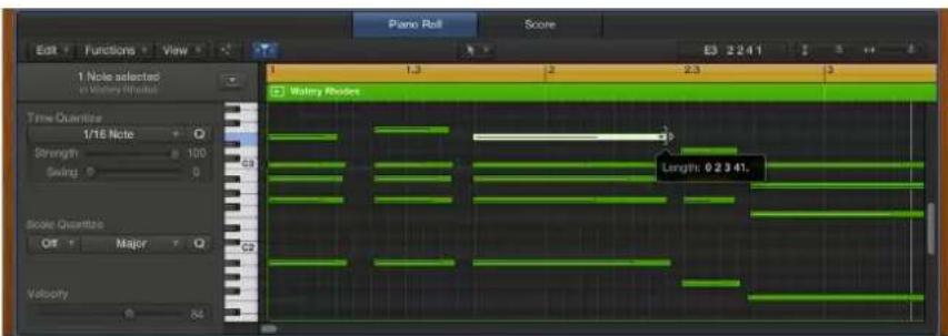 Piano Roll, Score, Edit Functions View, 1 Note selected, to Myloxy Rotates, Time Quantize, 1/16 Note, Strength 100, Swing 0, Scale Quantize, Off Major, Velocity, 1.3 2.3 3, Walty Rotates, Length: 0 2 3 41.