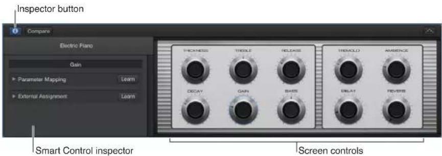 Inspector button Compare Electric Piano Gain Parameter Mapping Learn External Assignment Learn THICKNESS TROCLE RELEASE TROCKLO AMENCE DCAY GAIN BASE DILAY REVERSE Smart Control inspector Screen controls