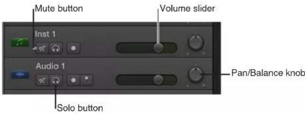Mute button Volume slider Inst 1 Audio 1 Solo button Pan/Balance knob