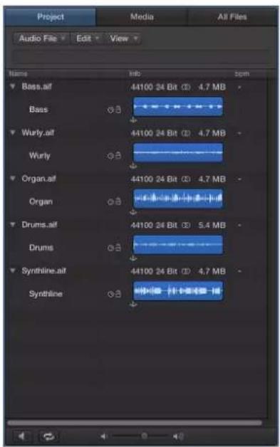 Project Media All Files Audio File Edit View Name Indo 2000 Bass.af 44100 24 Bit (D) 4.7 MB Bass Wurly.af 44100 24 Bit (D) 4.7 MB Wurly Organ.af 44100 24 Bit (D) 4.7 MB Organ Drums.af 44100 24 Bit (D) 5.4 MB Drums Synthine.af 44100 24 Bit (D) 4.7 MB Synthine