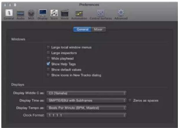 Preferences General Audio MIDI Display Score Movie Automation Control Surfaces Advanced General Mixer Windows Large local window menus Large inspectors Wide playhead Show Help Tags Show default values Show icons in New Tracks dialog Displays Display Middle C as: C3 (Yamaha) Display Time as: SMPTE/EB…