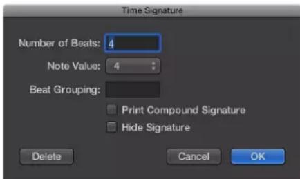 Time Signature Number of Beats: 4 Note Value: 4 Beat Grouping: Print Compound Signature Hide Signature Delete Cancel OK