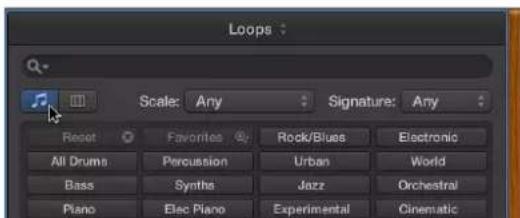 Loops Scale: Any Signature: Any Reset Favorites Rock/Blues Electronic All Drums Percussion Urban World Bass Synthes Jazz Orchestral Piano Elec Piano Experimental Cinematic