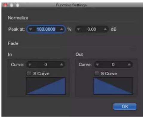 Function Settings Normalize Peak at: 100.0000 % 0.00 dB Fade In Curve: 0 S Curve Out Curve: 0 S Curve OK