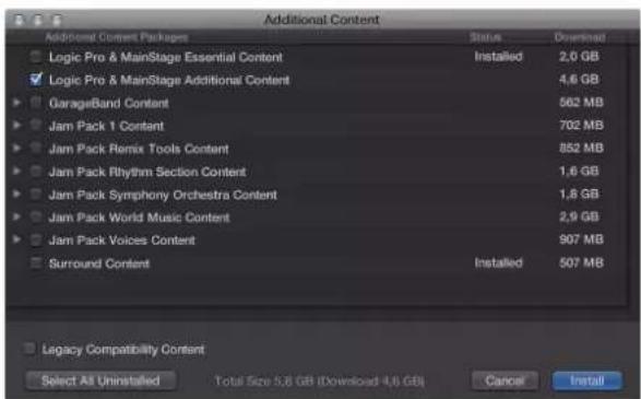 Additional Content. Add: Original Content Packages. Status: Download. Logic Pro & MainStage Essential Content: Installed, 2.0 GB. Logic Pro & MainStage Additional Content: 4.6 GB. GarageBand Content: 562 MB. Jam Pack 1 Content: 702 MB. Jam Pack Remix Tools Content: 852 MB. Jam Pack Rhythm Section Co…