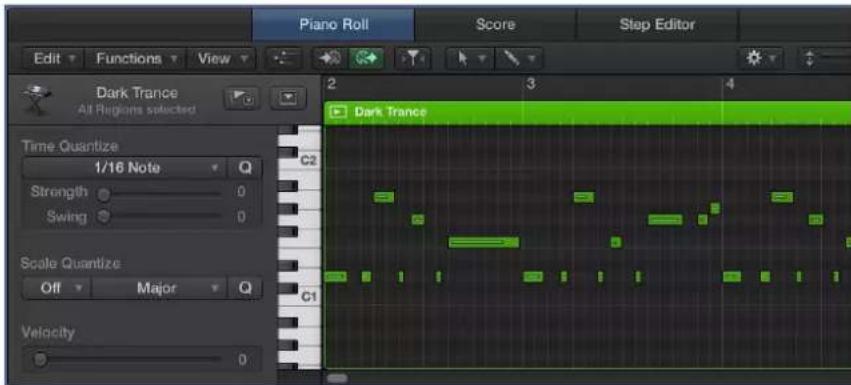 Piano Roll Score Step Editor Edit Functions View Dark Trance All Regions selected Time Quantize 1/16 Note Q Strength 0 Swing 0 Scale Quantize Off Major Q Velocity 0 C2 Dark Trance C1