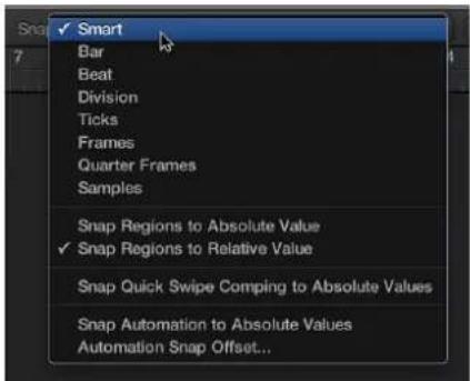 Smart Bar Beat Division Ticks Frames Quarter Frames Samples Snap Regions to Absolute Value Snap Regions to Relative Value Snap Quick Swipe Comping to Absolute Values Snap Automation to Absolute Values Automation Snap Offset...
