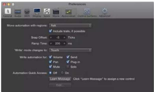 Preferences General Audio MIDI Display Score Move Automation Control Surfaces Advanced Move automation with regions: Ask Include traits, if possible Snap Offset: -5 Ticks Ramp Time: 200 ms "Write" mode changes to: Touch Write automation for: Volume Send Pan Plug-in Mute Solo Automation Quick Access:…