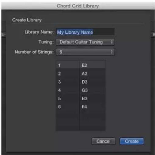 Chord Grid Library Create Library Library Name: My Library Name Tuning: Default Guitar Tuning Number of Strings: 6 1 E2 2 A2 3 D3 4 G3 5 B3 6 E4 Cancel Create
