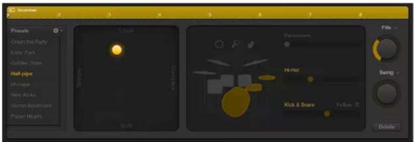 Drummer Presets Crash the Party Color Park Guitar Store Half-pipe Multiplied Baby Kick Ozzah Embrauist Piper Hearts 1.5x1 Push Composition Persimotion Hi-Hat Kick & Snare Follow Fills Swing Details