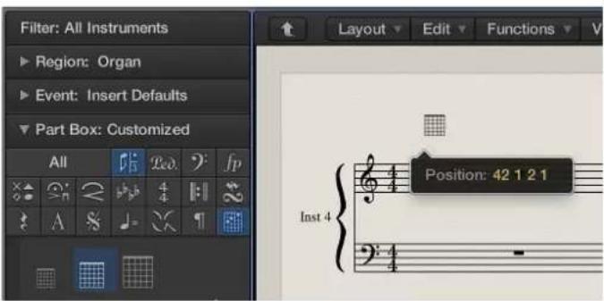 Filter: All Instruments Region: Organ Event: Insert Defaults Part Box: Customized All Position: 42 1 2 1 Inst 4