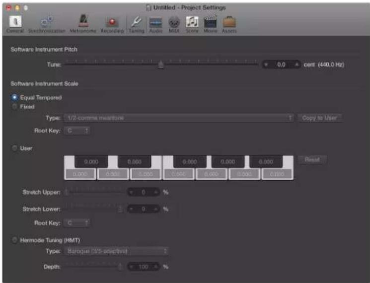 Untitled - Project Settings General Synchronization Metronome Recording Tuning Audio MIDI Score Movie Assets Software Instrument Pitch Tune: 0.0 cents (440.0 Hz) Software Instrument Scale Equal Tempered Fixed Type: 1/2-comma meantone Copy to User Root Key: C User 0.000 0.000 0.000 0.000 0.000 0.000…