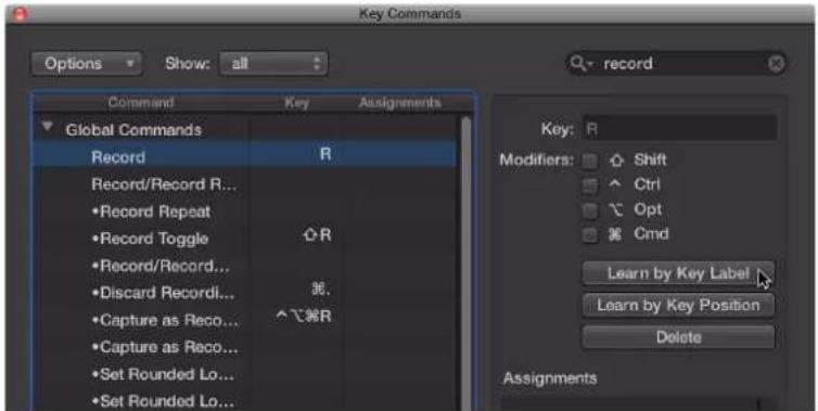 Key Commands. Options Show: all. Command, Key, Assignments. Global Commands: Record R, Record/Record R..., •Record Repeat, •Record Toggle, •Record/Record..., •Discard Recordi..., •Capture as Reco..., •Capture as Reco..., •Set Rounded Lo..., •Set Rounded Lo..., record. Key: R. Modifiers: Shift, Ctrl,…
