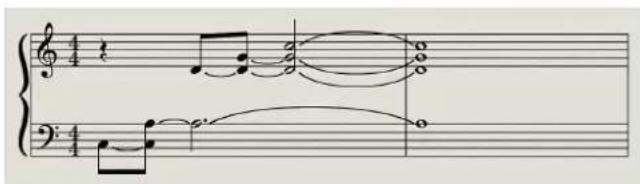 Musical score snippet showing treble and bass clefs with notes, rests, and articulation marks