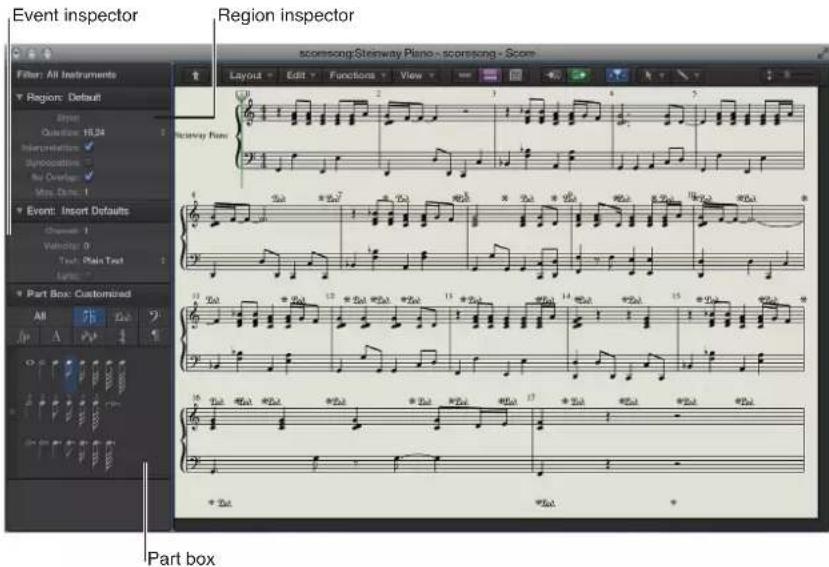 Event inspector Region inspector scomssong:Steinway Piano - scorssong - Score Filter: All Instruments Region: Default Super Quation: 18.24 Interpretation: ✓ Syncopeation: ✓ No Overlap: ✓ Ves. Tens: 1 Event: Insert Defaults Graviness: 1 Vehicle: 0 Text: Plain Text Locus: Part Box: Customized All 76 P…