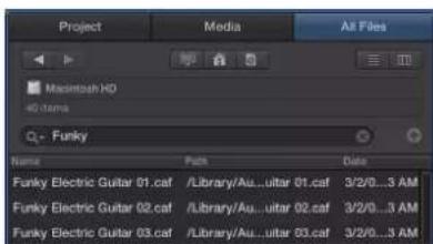 Project Media All Files: Macintosh HD, 40 items, Funky. Name: Funky Electric Guitar 01.caf, Path: /Library/Au...ultar 01.caf, Date: 3/2/0...3 AM; Funky Electric Guitar 02.caf, Path: /Library/Au...ultar 02.caf, Date: 3/2/0...3 AM; Funky Electric Guitar 03.caf, Path: /Library/Au...ultar 03.caf, Date:…