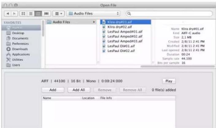 Open File FAVORITES martin Desktop Documents Preferences Downloads Applications Utilities Users Audio Files Klira dry#01.af Klira dry#02.af LesPaul Amped#01.af LesPaul Amped#02.af LesPaul Amped#03.af LesPaul Di#01.af LesPaul Di#02.af Name Klira dry#01.af Kind AFF-C audio Size 2.1 MB Created 2/8/11 2…