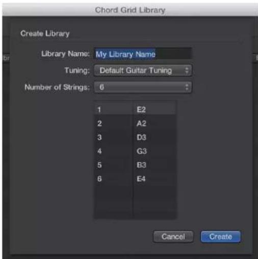 Chord Grid Library Create Library Library Name: My Library Name Tuning: Default Guitar Tuning Number of Strings: 6 1 E2 2 A2 3 D3 4 G3 5 B3 6 E4 Cancel Create