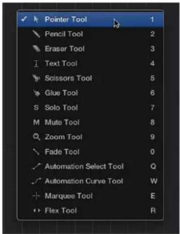 Pointer Tool 1, Pencil Tool 2, Eraser Tool 3, Text Tool 4, Scissors Tool 5, Glue Tool 6, Solo Tool 7, Mute Tool 8, Zoom Tool 9, Fade Tool 0, Automation Select Tool Q, Automation Curve Tool W, Marquee Tool E, Flex Tool R.