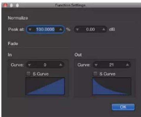 Function Settings Normalize Peak at: 100.0000 % 0.00 dB Fade In Curve: 0 S Curve Out Curve: 21 S Curve OK
