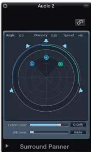Audio 2 Angle: 0.0 Diversity: 0.89 Spread: -10 Center Level: 0.0dB LFE Level: mute Surround Panner