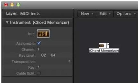 Layer: MIDI Instr. Instrument: (Chord Memorizer) Icon: Assignable: ✓ Channel: 1 Key Limit: C2 C4 Transposition: Key: 7 Cable Split: