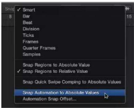 Snap ✓ Smart Bar Beat Division Ticks Frames Quarter Frames Samples Snap Regions to Absolute Value ✓ Snap Regions to Relative Value Snap Quick Swipe Comping to Absolute Values Snap Automation to Absolute Values Automation Snap Offset...