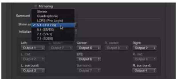 Mirroring Stereo Quadraphonic LCRS (Pro Logic) Show as ✓ 5.1 (ITU 7/5) Initialize 6.1 (ES/EX) 7.1 (3/4.1) 7.1 (SDDS) Left: Output 1 L: mid: Output 7 L: surround: Output 3 Center: Output 7 LFE: Output 6 Surround: Output 7 Right: Output 2 R: mid: Output 8 R: surround: Output 4