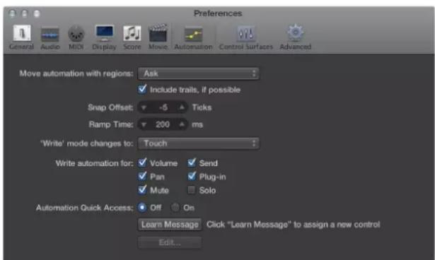 Preferences General Audio MIDI Display Score Movie Automation Control Surfaces Advanced Move automation with regions: Ask Include trails, if possible Snap Offset: -5 Ticks Ramp Time: 200 ms 'Write' mode changes to: Touch Write automation for: Volume Send Pan Plug-in Mute Solo Automation Quick Access…
