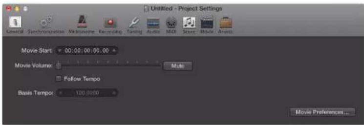 Untitled - Project Settings General Synchronization Movie Name: Recording Tuning Audio MIDI Score Movie Assets Movie Start: 00:00:00:00.00 Movie Volume: Follow Tempo Basis Tempo: 120.0000 Mute Movie Preferences...