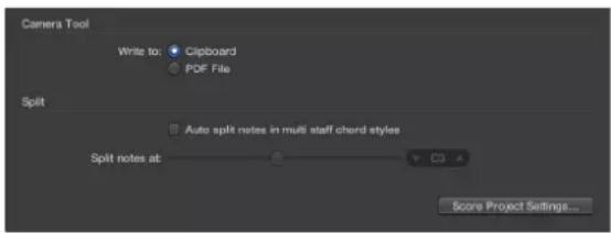 Camera Tool Write to: Clipboard PDF File Split Auto split notes in multi staff chord styles Split notes at: C3 Score Project Settings...