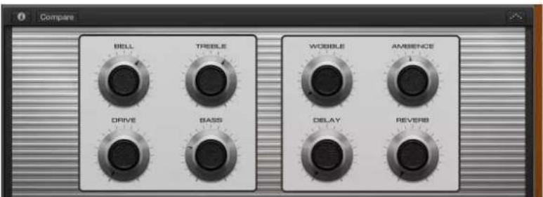 Compare, BELL, TREBLE, WOBBLE, AMBIENCE, DRIVE, BASS, DELAY, REVERB