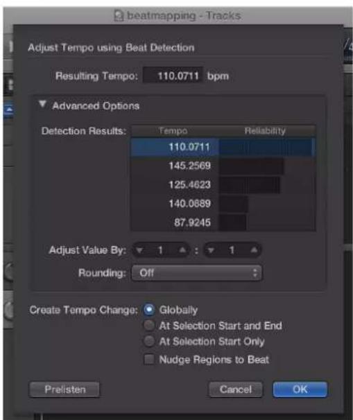 beatmapping - Tracks Adjust Tempo using Beat Detection Resulting Tempo: 110.0711 bpm Advanced Options Detection Results: Tempo Reliability 110.0711 145.2569 125.4623 140.0889 87.9245 Adjust Value By: 1 : 1 Rounding: Off Create Tempo Change: Globally At Selection Start and End At Selection Start Only…