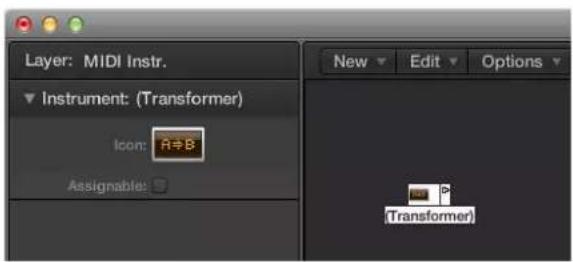 Layer: MIDI Instr. Instrument: (Transformer) Icon: A=B Assignable: New Edit Options (Transformer)