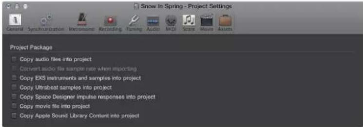 Snow In Spring - Project Settings. General, Synchronization, Metronome, Recording, Tuning, Audio, MIDI, Score, Move, Assets. Project Package: Copy audio files into project, Convert audio file sample rate when importing, Copy EXS instruments and samples into project, Copy Ultrabeat samples into proje…