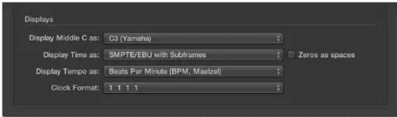 Displays Display Middle C as: C3 (Yamaha) Display Time as: SMPTE/EBU with Subframes Zeros as spaces Display Tempo as: Beats Per Minute (BPM, Maezel) Clock Format: 1 1 1 1
