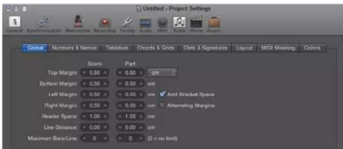 Untitled - Project Settings Global Numbers & Names Tablators Chords & Grids Cells & Signatures Layout MIDI Meeting Colors Score Part Top Margin 0.50 0.50 cm Bottom Margin 0.50 0.50 cm Left Margin 0.50 0.50 cm ▼ Acid Bracket Space Right Margin 0.50 0.50 cm ▼ Afterwriting Margine Header Space 1.50 1.0…