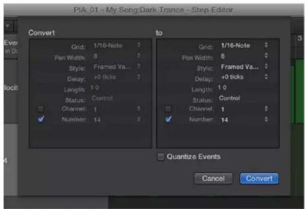 PIA_01 - My Song:Dark Trance - Step Editor Convert Grid: 1/16-Note Pan Width: 8 Style: Framed Va... Delay: +0 ticks Length: 10 Status: Control Channel: 1 Number: 14 to Grid: 1/16-Note Pan Width: 8 Style: Framed Va... Delay: +0 ticks Length: 10 Status: Control Channel: 1 Number: 14 Quantize Events Ca…