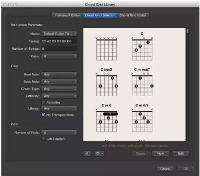 Chord Grid Library Instrument Editor Chord Grid Selector Chord Grid Editor Instrument Parameter Name: Default Guitar Tu... Tuning: E2 A2 D3 G3 B3 E4 Number of Strings: 6 Capo: 0 Filter Root Note: Any Bass Note: Any Chord Type: Any Difficulty: Any Favorites Library: Any ✓ No Transpositions View Numbe…