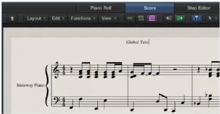 Piano Roll. Score. Step Editor. Layout Edit Functions View. Global Text. Steinway Piano.
