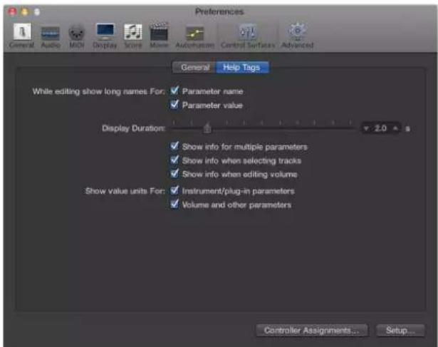 Preferences General Audio MIDI Display Score Move Automation Control Surfaces Advanced General Help Tags While editing show long names For: ✓ Parameter name ✓ Parameter value Display Duration: 2.0 ✓ Show info for multiple parameters ✓ Show info when selecting tracks ✓ Show info when editing volume S…